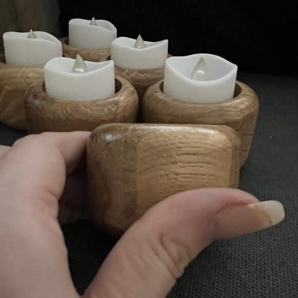 6 Round Wooden Finished Tea light Candle Holders Wood New - Picture 1 of 5